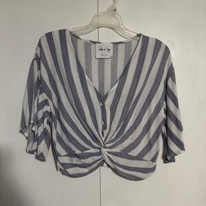 Dry Goods Blue and White Striped Twist Front Crop Blouse
